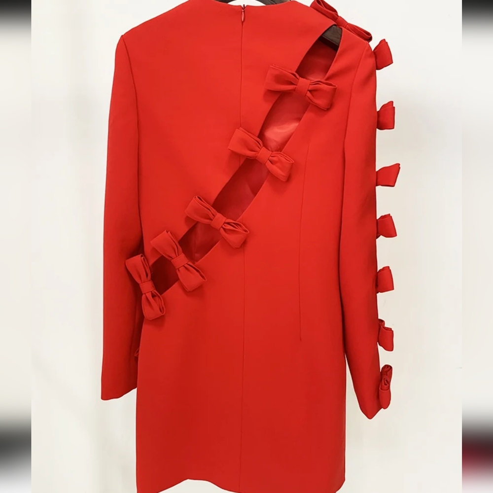 Designer Fashion Women's Stylish Hollow Out Bow Long Sleeve Dress - Picture 3 of 5